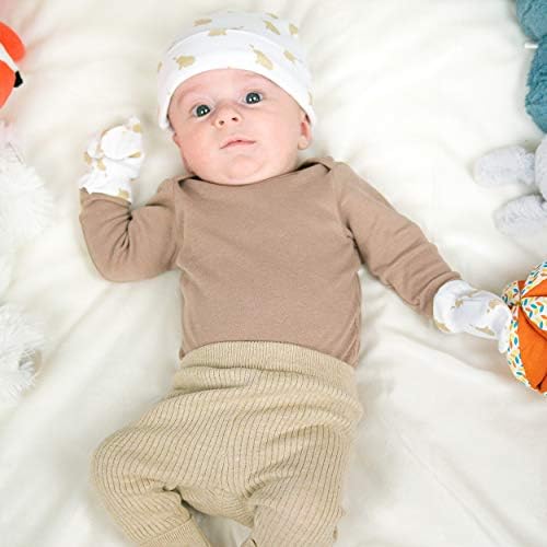 Budding Bear New Born Baby Hat and Mittens Set - 4 Packs - 100% Organic Cotton - Size 0-6 Months - Machine Washable - 4 Pairs of Baby Mittens & Matching Baby Hats for Boys and Girls - White & Gold