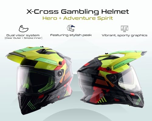Image of Axor X-Cross Gambling ISI ECE and DOT Certified Premium Off-Road Full Face Helmet with Pinlock Fitted Dual Visors and Stylish Peak-Black Neon Yellow-L