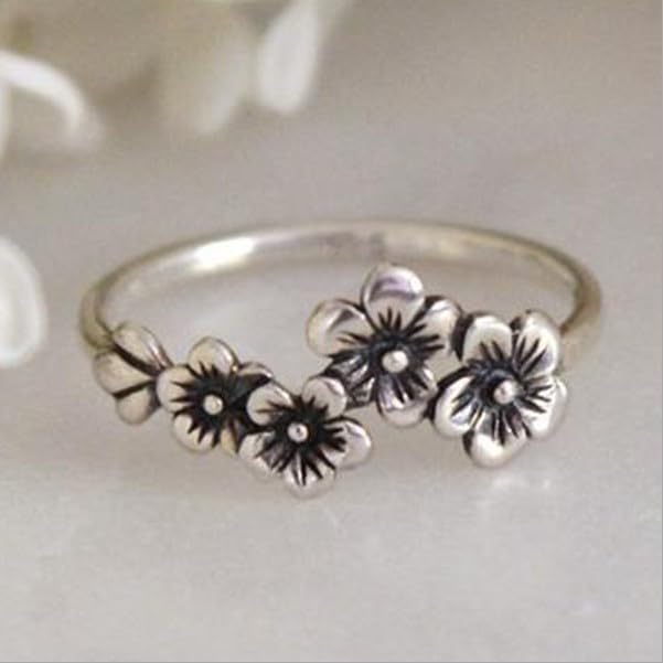 Vintage Blooming Wild Floral Ring Index Finger Ring Retro Daisy Flower Hawaiian Vine 925 Sterling Silver 4 Plumeria Flowers Wedding Band Ring for Women Boho Ring Jewelry Gift 8#2