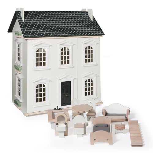 Hooga Wooden Dollhouse with Furniture Set Included, Multi-Level 3-Storey Pretend Doll's house Playset Toys for 20cm Dolls, Miniature Dolls House Gift for Girls & Kids - 55x26x65cm (White/Grey)