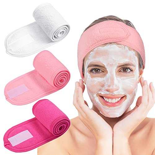 Image of Whaline Spa Facial Headband Make Up Wrap Head Terry Cloth Headband Adjustable Towel Band for Face Washing Shower Facial Cover, 3 Pieces (White, Pink, Rose Red)