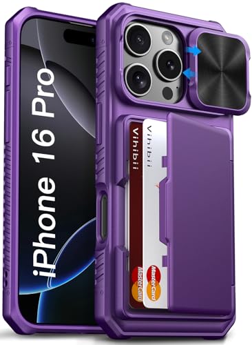 Image of Vihibii for iPhone 16 Pro Case Wallet with Card Holder (4 Cards) [RFID Blocking] & Slide Camera Cover, Military Grade Drop Protection, Hard Back & Silicone Edge Phone Cover, 6.3 inch 2024, Dark Purple