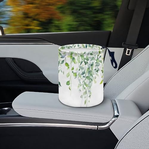 Image of Green Leaf Patterns Car Trash Can Collapsible Portable Car Garbage Bin for Car Front Seat, Back Seat, Floor, Headrest Rubbish Bin Universal Fit