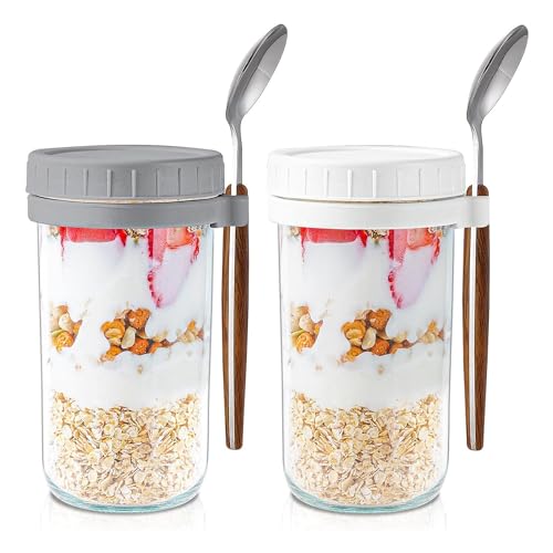 Socueny Tarros de cristal para conservas de alimentos de Overnight, con tapa y cuchara, 24 onzas