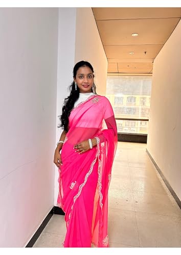 Image of Women's Banarasi Silk Georgette Saree Featuring Silver Sequin And Mirror Work