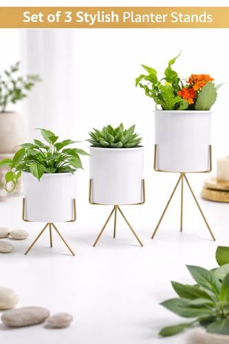 Image of Planters for Indoor Planters Indoor Plant Stands with Pots (White /Gold (Short Stands) Set of 3)