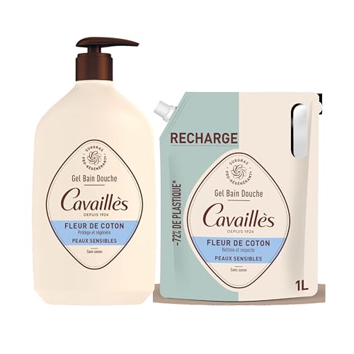 Gel bain douche - Fleur de Coton l | Protège & Régénère la peau| Nettoie en douceur | Peaux sensibles | Sans savon| Pack : Gel douche 1L + éco-recharge 1L