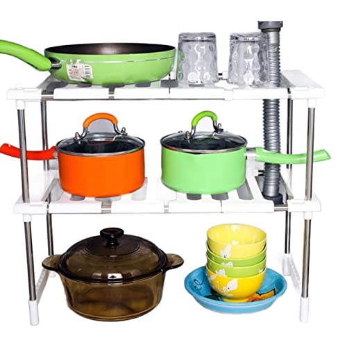 Estante organizador ajustable de 2 capas, estante retráctil para cocina con marco de acero inoxidable para debajo del fregadero, blanco miniatura 1