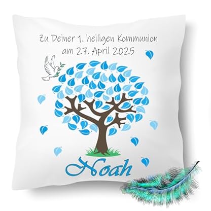 Print Deluxe Kommunion Geschenk, Personalisierbares Kissen Bedruckt für Jungen und Mädchen, mit Namen, Datum,Baum Blau| Dekokissen,| Kuschelkissen 40X40 (ohne Kissenfüllung)