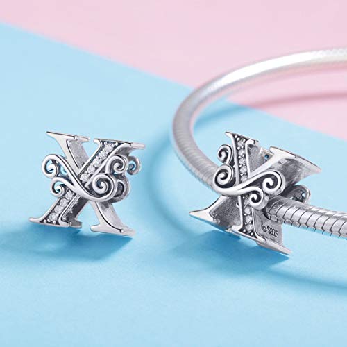 Image of Eternalll Jewellery - Spacer Beads Authentic 925 Sterling Silver Charms Vintage A-Z Letter Alphabet Charms For Bead Bracelets Women Charm (X)