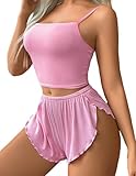 Avidlove Women Cami Ribbed Pajama Set Sexy Side Slit Sleepwear Lingerie 2 Piece PJ Set Pink Large