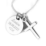 Kette mit Gravur Kreuz Anhänger, Kette mit Gravur, Name, Wunschtext, 925 Silber, Christliches Geschenk zum Taufe, Kommunion, Firmung