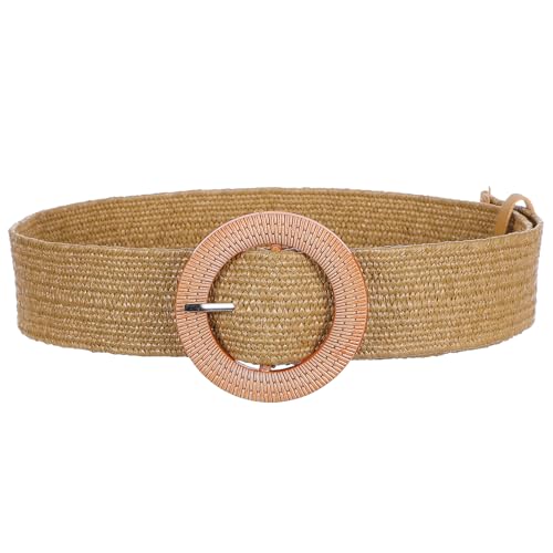 Straw Woven Belts for Women Elastic Stretch Rattan Buckle Waist Belts Fashion Boho Ladies Braided Skinny Dress Belt Wide Skinny Raffia Dress Waist Band with Round Buckle 37 × 3‘