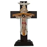 Cannan Crucifijo con Base Santisima Trinidad 14" Padre, Hijo Y Espíritu Santo Standing Wood Holy Trinity Beige Robe Crucifix with Base