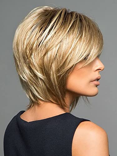 AIYLMZ Ladies Brown Short Fluffy Nature Side Part Wigs Blonde Short Straight Wigs for Women Hair Heat Resistant Full Wigs Short Layer Nature Hair (Gradient Blonde) - Image 2