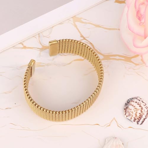 Gold Open Cuff Bangles Wide Woven, Gold Mesh Bracelet Stainless Steel Bangles Stackable Open Chunky Arm Cuff Vintage Boho Statement Wrist Jewelry for Women4