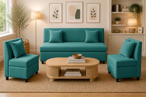 Image of 3+1+1 Modern Velvet Fabric Sofa Set for Living Room | Three Seater Sofa with 2 Single Seater Chairs | for Home, Office| Green