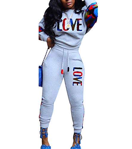lexiart Women's Letter Print 2 Piece Outfits Camouflage Patchwork Long Sleeve Sweatshirt and Pants Set Sweatsuit Grey M