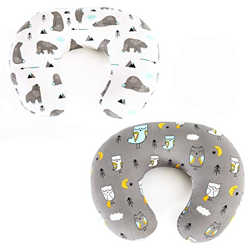 BROLEX Stretchy Nursing Pillow Covers 2 Pack Snug Fitted Slipcovers for Breastfeeding Moms,Ultra Soft Breathable for Infant Nursing Pillow,Owl & Bear