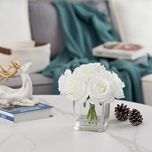 Rubystory 7 Large Stem Rose Artificial Flowers In Vase, Silk Floral Arrangement In Vase With Fake Water For Home Decor, Wedding Table (Cream) #TOP1