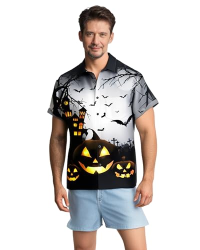 Mens Halloween Shirt Pumpkin Printed Hawaiian Bowling Short Sleeve Casual Button Down Holiday Shirts4