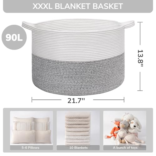 Image of INDRESSME Large Storage Basket, 21.7'' x 13.8'' Cotton Rope Blanket Basket Living Room, Toy Organizers and Storage with Handles for Kids, Laundry Baskets for Clothes, Towel, 90L Grey