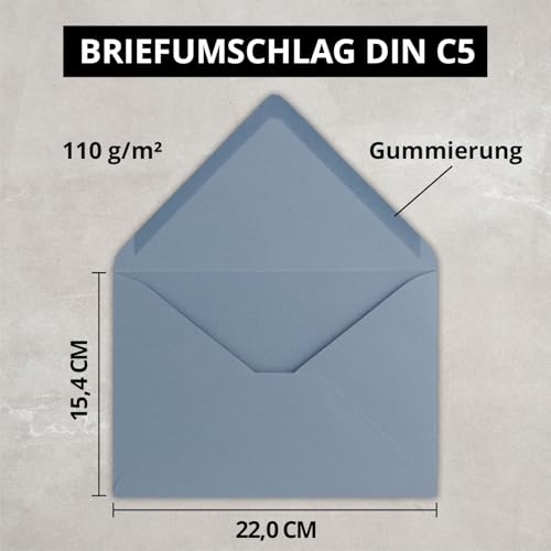 Briefumschläge in Graublau - 25 Stück - DIN C5 Kuverts 22,0 x 15,4 cm - Nassklebung ohne Fenster - Weihnachten, Grußkarten - Serie FarbenFroh