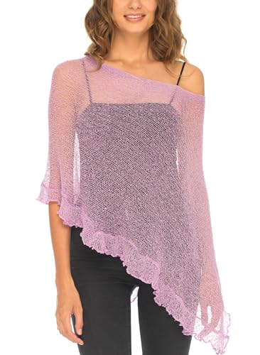 Image of SHU-SHI Women's Sheer Knit Poncho Shrug Lightweight Asymmetrical Ruffle Wrap Dressy Summer Shawl Cover Up Top