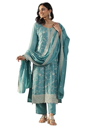 Image of Libas Embroidered Silk Blend Straight Kurta With Trouser and Dupatta