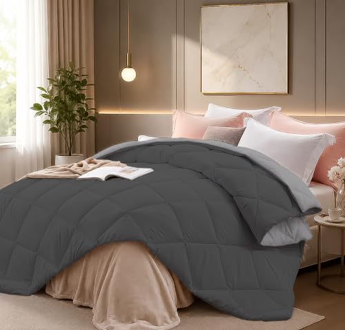 Image of Super Comfort Reversible Microfiber 400 GSM Comforter for Heavy Winter, Warm Quilted with Diamond Stitch, 92 x 106 Inches (233 x 269 cm), Cozy Comforter for King Size|Silver /Drak Grey