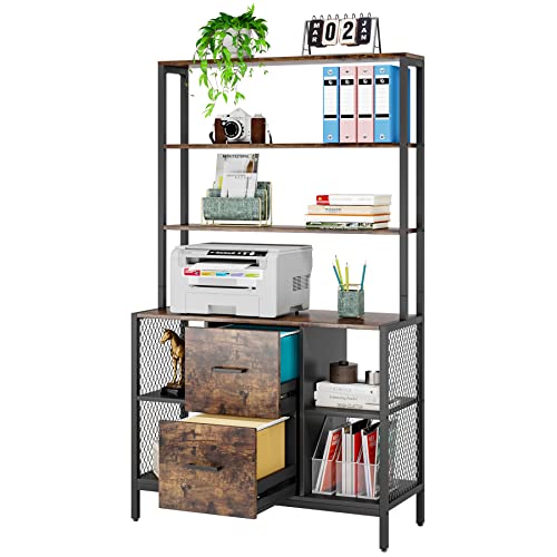 Tribesigns 2 Drawer File Cabinet For Letter Size, 6-Tier Vertical Filing Cabinet With Bookshelf Tall, Large Industrial Printer Stand With Open Storage Shelves For Home Office, Rustic Brown #TOP6