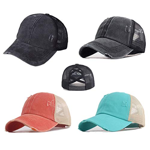 4 Pack Criss Cross Ponytail Hat Washed Distressed Women Mesh Baseball Caps Messy Bun Ponycaps