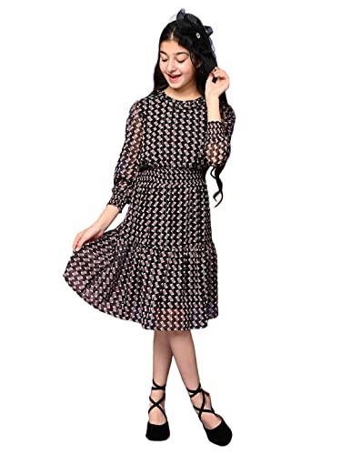 Image of LILPICKS Girls All Over Printed Drop Waist Long Sleeve Dress (Black Purple)