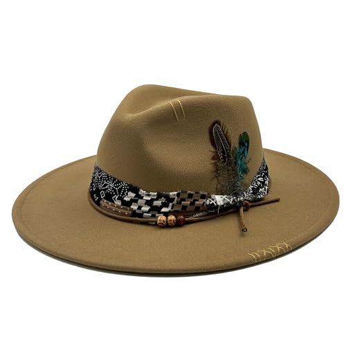 Image of Classic Wide Brim Fedora Hat for Women Man Floppy Panama Hat Western Felt Outdoor Hat with Band Sun Protection