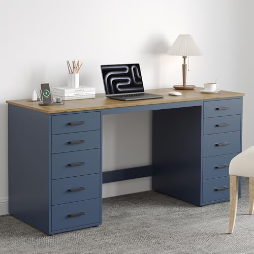 WOPITUES 60 Modern Home Office Desk with 10 Wooden Drawers. Computer Writing Desk with Power Out...