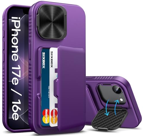 Image of for iPhone 16e Case, Built-in Credit Card Holder & Stand & Lens Cover, Military Grade Drop Tested Soft Silicone Edge Rugged Protective Wallet Phone Case for iPhone 16e 6.1 inch 2025, Purple