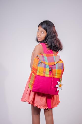 Multicolor Cotton Backpack with Daisy Accent, Pink and Orange Plaid Pattern4