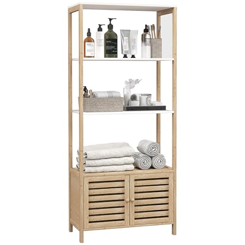 HOMCOM Meuble de Salle de Bain avec 3 étagères Armoire de Rangement Haute en Bambou 1 Placard avec Portes à Lattes Base surélevée 63 x 30 x 138 cm Bois...