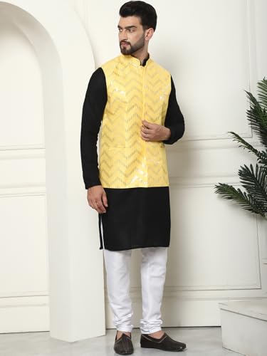 Image of SOJANYA (Since 1958 Men's Pure Cotton Kurta and White Pyjama with Sequins Nehru Jacket