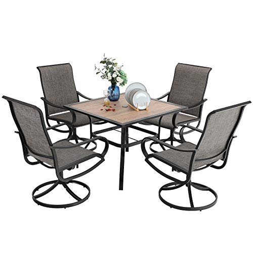 Image of PHI VILLA 5 Pcs Patio Dining Set for 4, Swivel Mesh Chairs, Brown | 4 textilene dining chairs. 37 inch PVC square table top w / umbrella hole, all weather E-coated metal frame for outdoor deck lawn