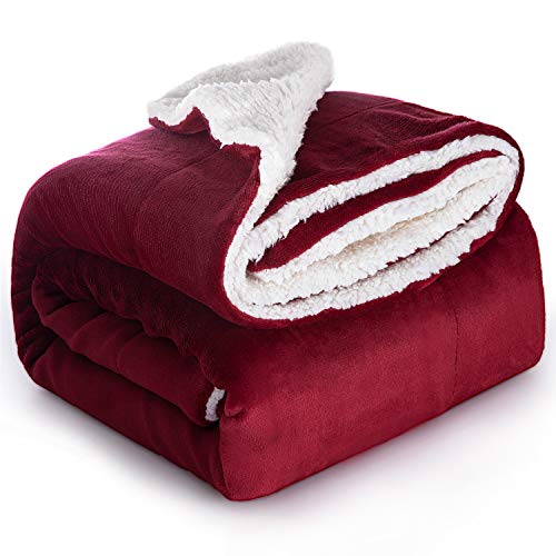 Bedsure Sherpa Fleece Blanket Queen Size Red Burgundy Wine Maroon Plush Blanket Fuzzy