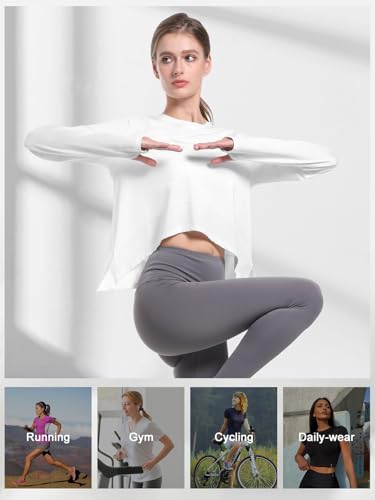 Image of Women's UPF 50+ Sun Shirt Long Sleeve Rash Guard UV Protection top with Thumb Holes Side Slits for Hiking Running White XL