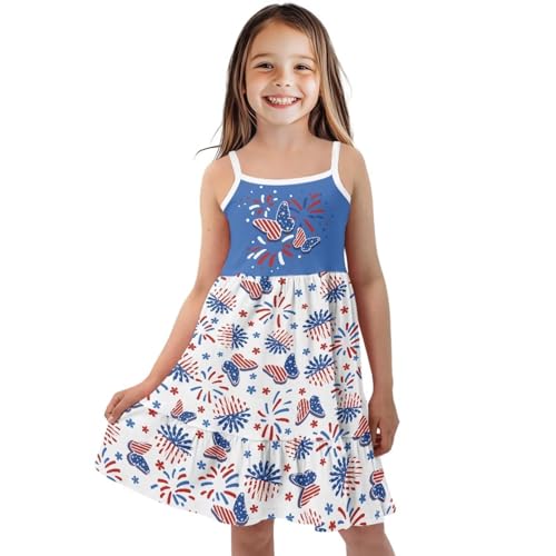 Girls Fourth of July Dress 3-14 Y Kids Spaghetti Strap Tiered Midi Dresses Sleeveless Holiday Party Sundress