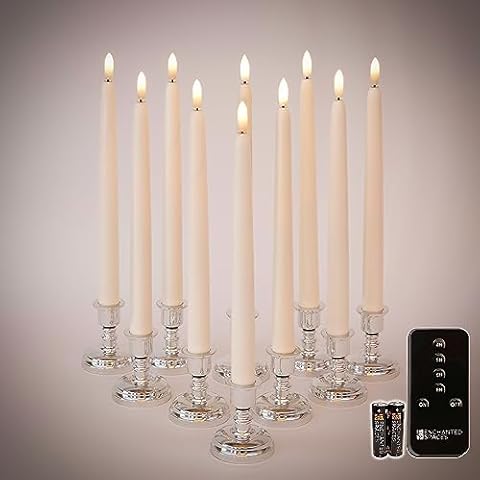 Enchanted Spaces Set of 10 Daily Timer Flameless LED Ivory 10" Taper Candles with Realistic Black Wick, Daily Timer Remote Control and 20 AA Batteries and 10 Silver Plastic Candle Holders Cover