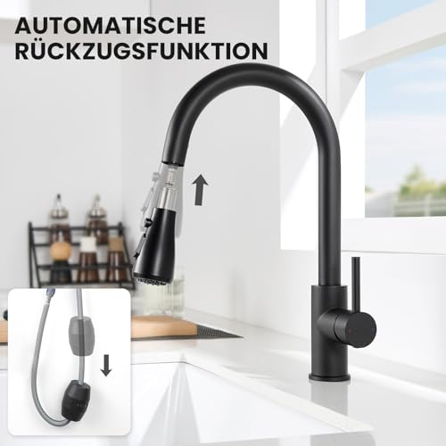 CECIPA Wasserhahn Küche Schwarz mit 3 Modi, Hochdruck Küchenarmatur Ausziehbar, Mischbatterie Küche 360° Schwenkbar, Einhebel Spültischarmatur Küche mit Hohem Bogen, Armatur Küche Edelstahl