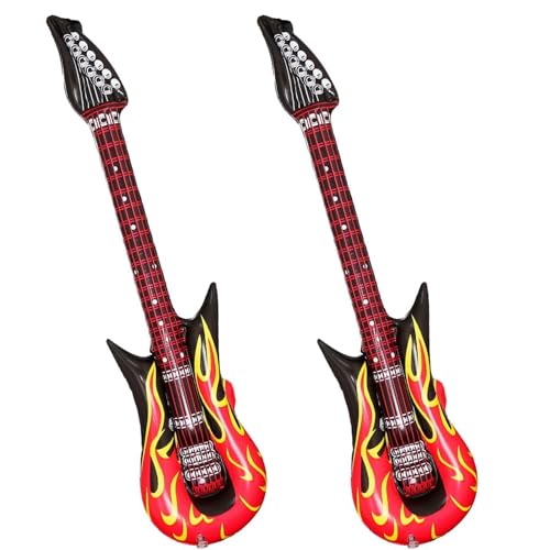 2 Pcs Inflatable Guitar Toys for Kids, Blow Up Rockstar Guitar with Strap and Flame Design, Air-Filled Musical Instrument Pretend Play for Parties, Concerts, Photo Props (Colorful)​