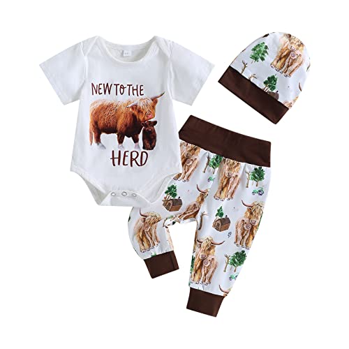 Image of Omkzanbi Western Newborn Boy Clothes Summer New to The Herd Bodysuit Highland Cow Jogger Pants Hat Cowboy Coming Home Outfit (Highland Cow, 0-3 Months)
