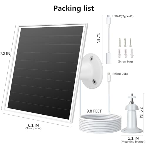 6W Solar Panel for Outdoor Security Camera with Micro USB & USB - C Port, Solar Panel Charger for Battery Camera, Fits Wyze/Reolink DC 5V Output, IP65/360&deg; Adjustable, 9.8ft Cable, Fast Charging