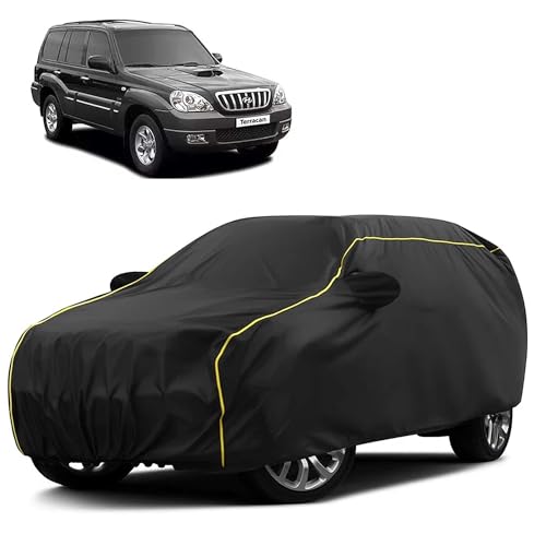 Image of Sulfar 100% Water Resistant Car Body Cover Compatible with Mirror for Hyundai Terracan (Triple Stitched, Full Bottom Elastic, Black Taffeta with Yellow Piping)