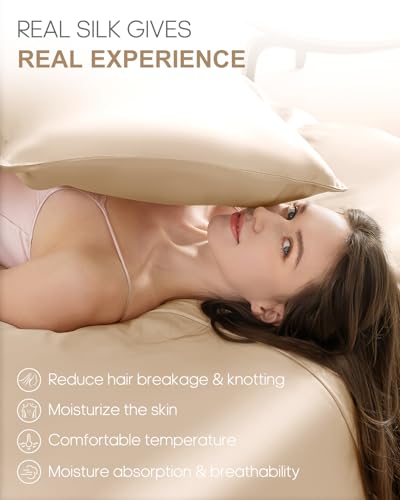 Image of THXSILK Set of 2 100% Mulberry Silk Pillowcases for Hair and Skin, Grade 6A+ Mulberry Silk Pillow Cases 22 Momme, Pure Mulberry Silk Pillow Case Cover with Zipper, 2pcs (Queen 20 inchx30 inch, Beige)